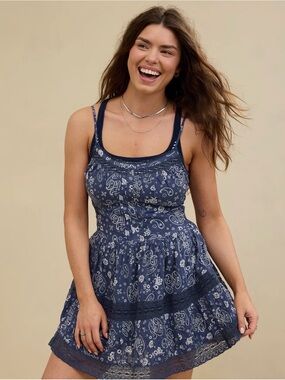 Aerie Mini Sleeveless Dress Cottagecore Blue Paisley XS Croquet Coastal Summer